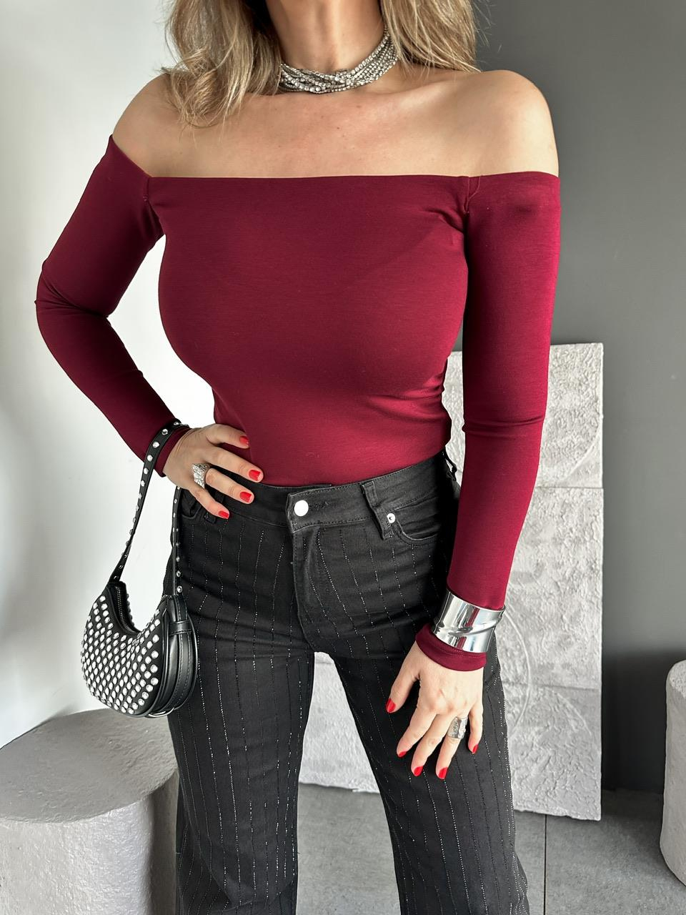Bordo Madonna Yaka Likralı Bluz