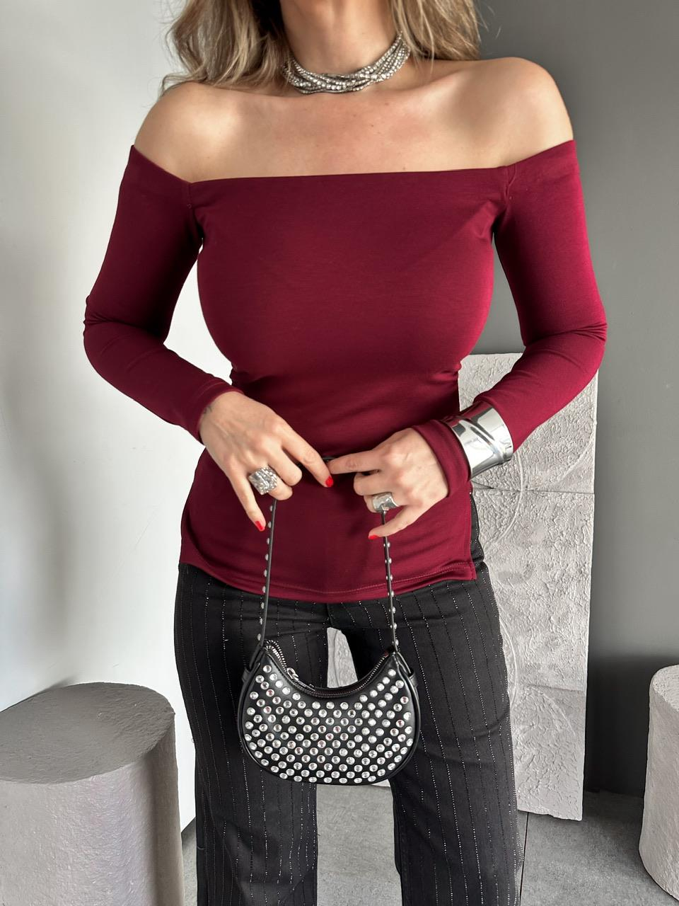 Bordo Madonna Yaka Likralı Bluz