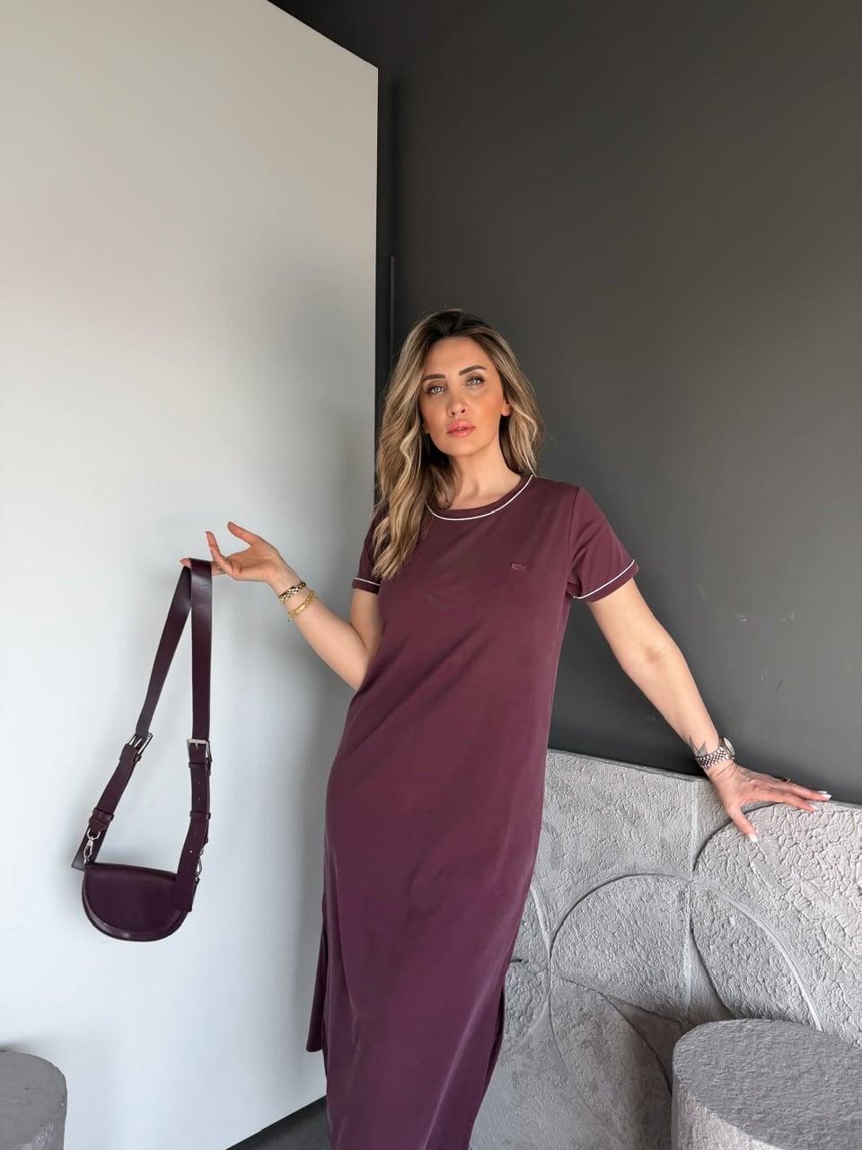 Bordo Marka Logolu Pike Elbise