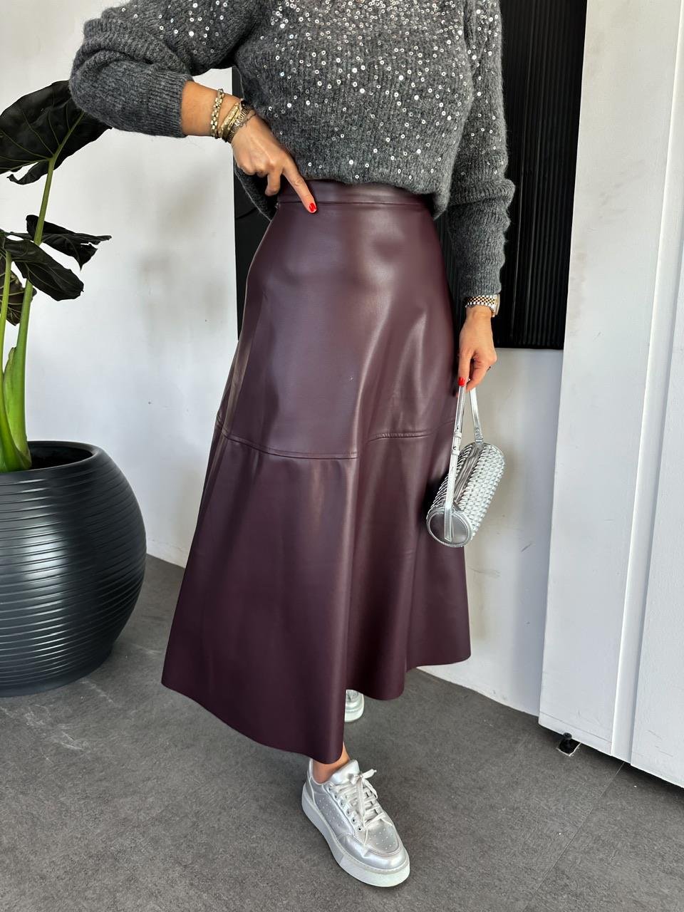 Bordo Maxi Boy Deri Etek