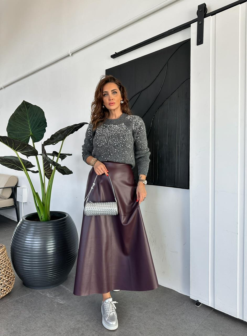 Bordo Maxi Boy Deri Etek