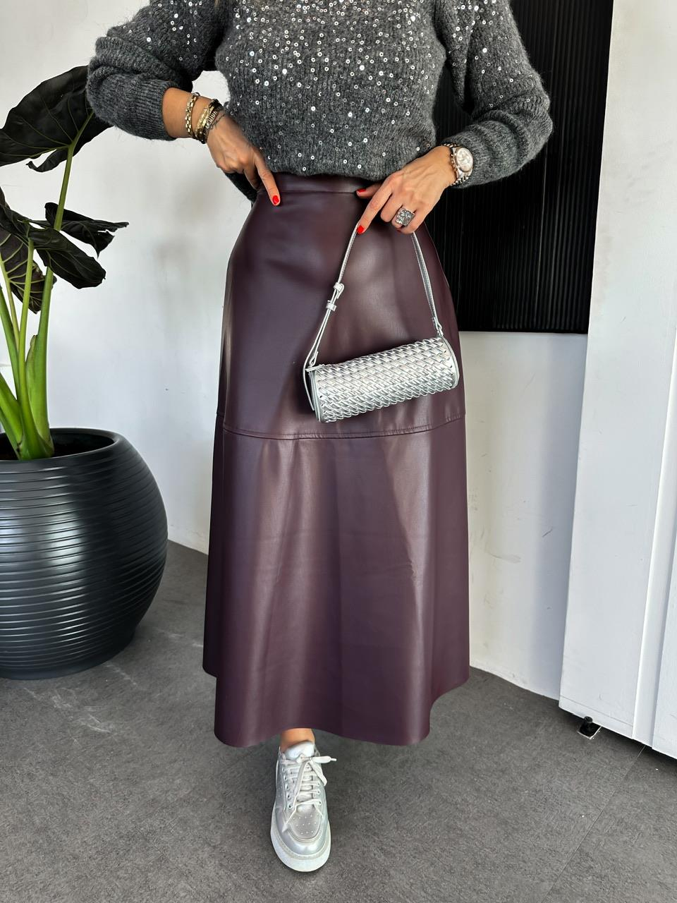 Bordo Maxi Boy Deri Etek