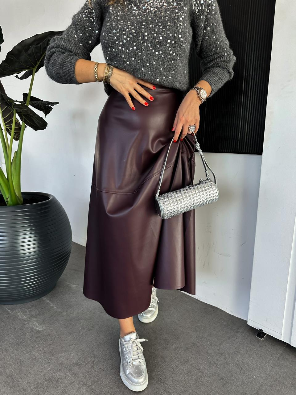 Bordo Maxi Boy Deri Etek