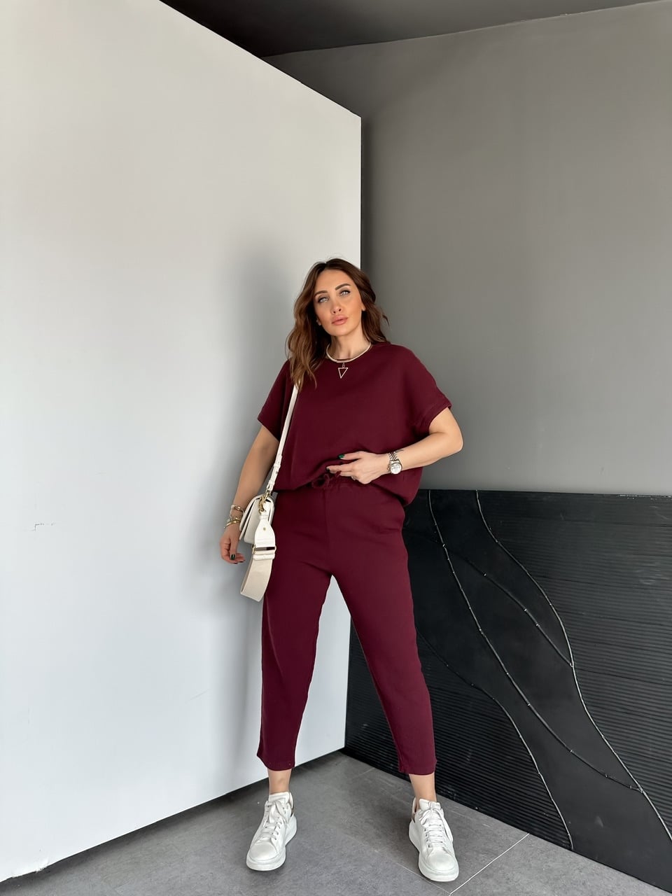 Bordo Naturel Keten Dokulu Takım