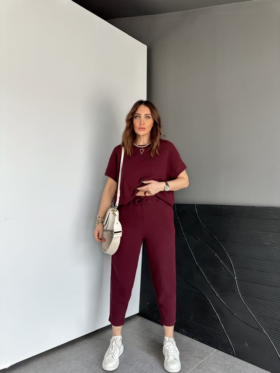 Bordo Naturel Keten Dokulu Takım
