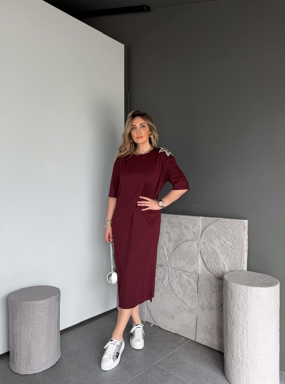 Bordo Omuzları Yıldız Taşlı Modal Elbise