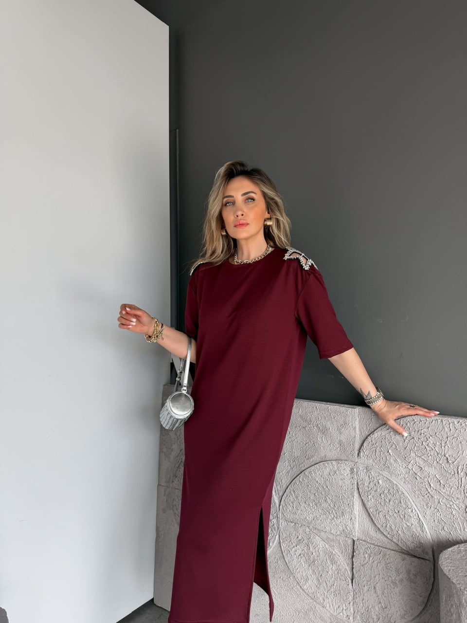 Bordo Omuzları Yıldız Taşlı Modal Elbise