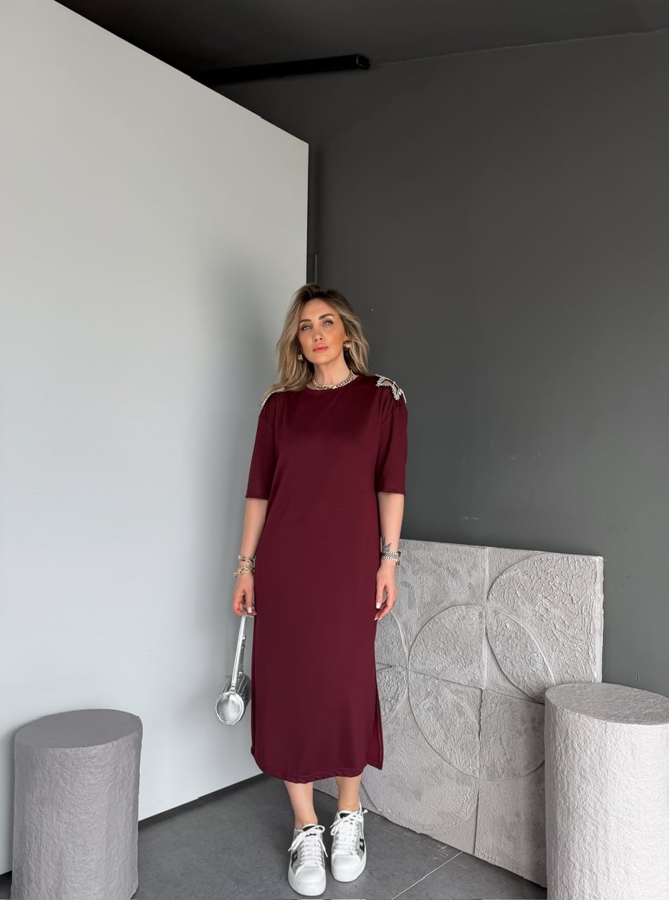 Bordo Omuzları Yıldız Taşlı Modal Elbise