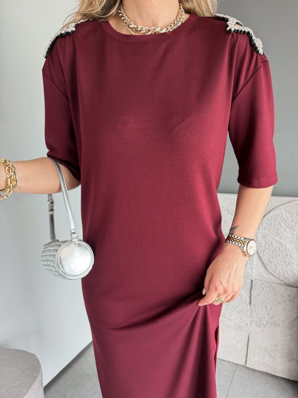 Bordo Omuzları Yıldız Taşlı Modal Elbise