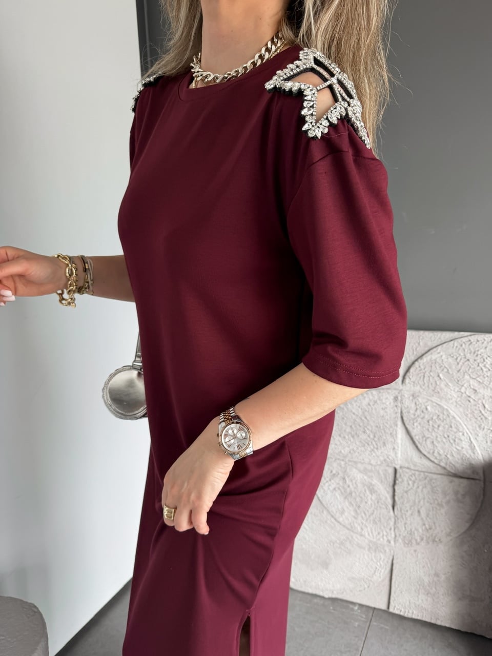 Bordo Omuzları Yıldız Taşlı Modal Elbise