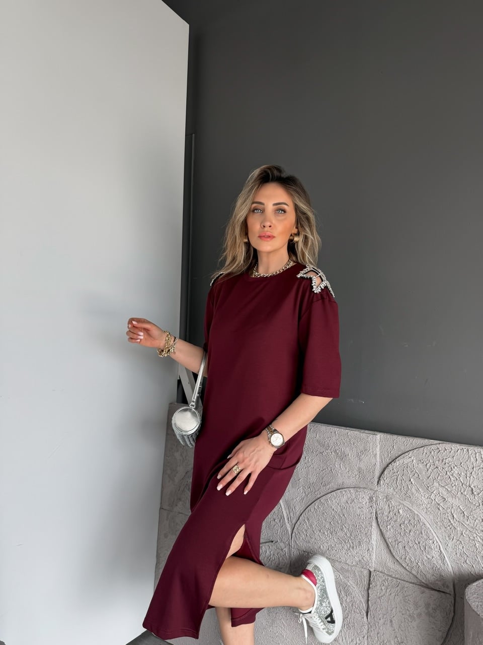 Bordo Omuzları Yıldız Taşlı Modal Elbise