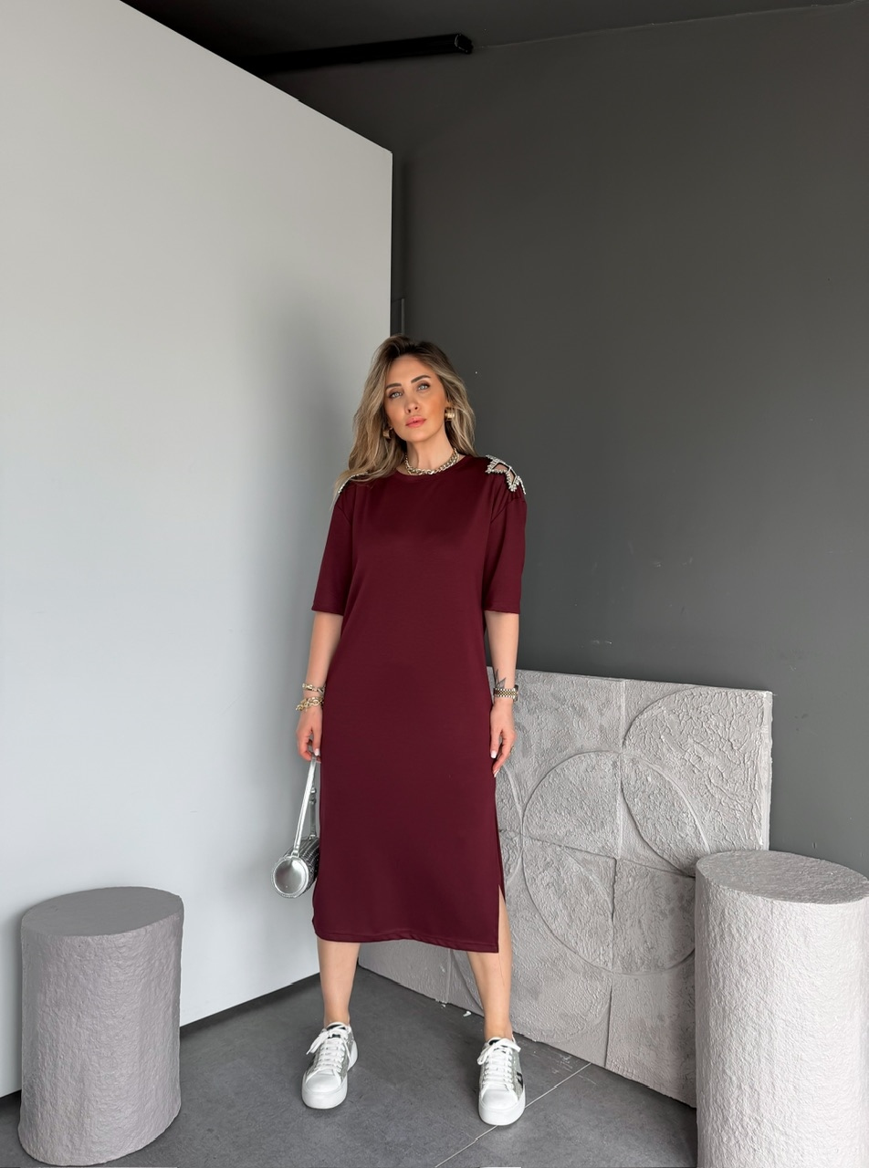 Bordo Omuzları Yıldız Taşlı Modal Elbise