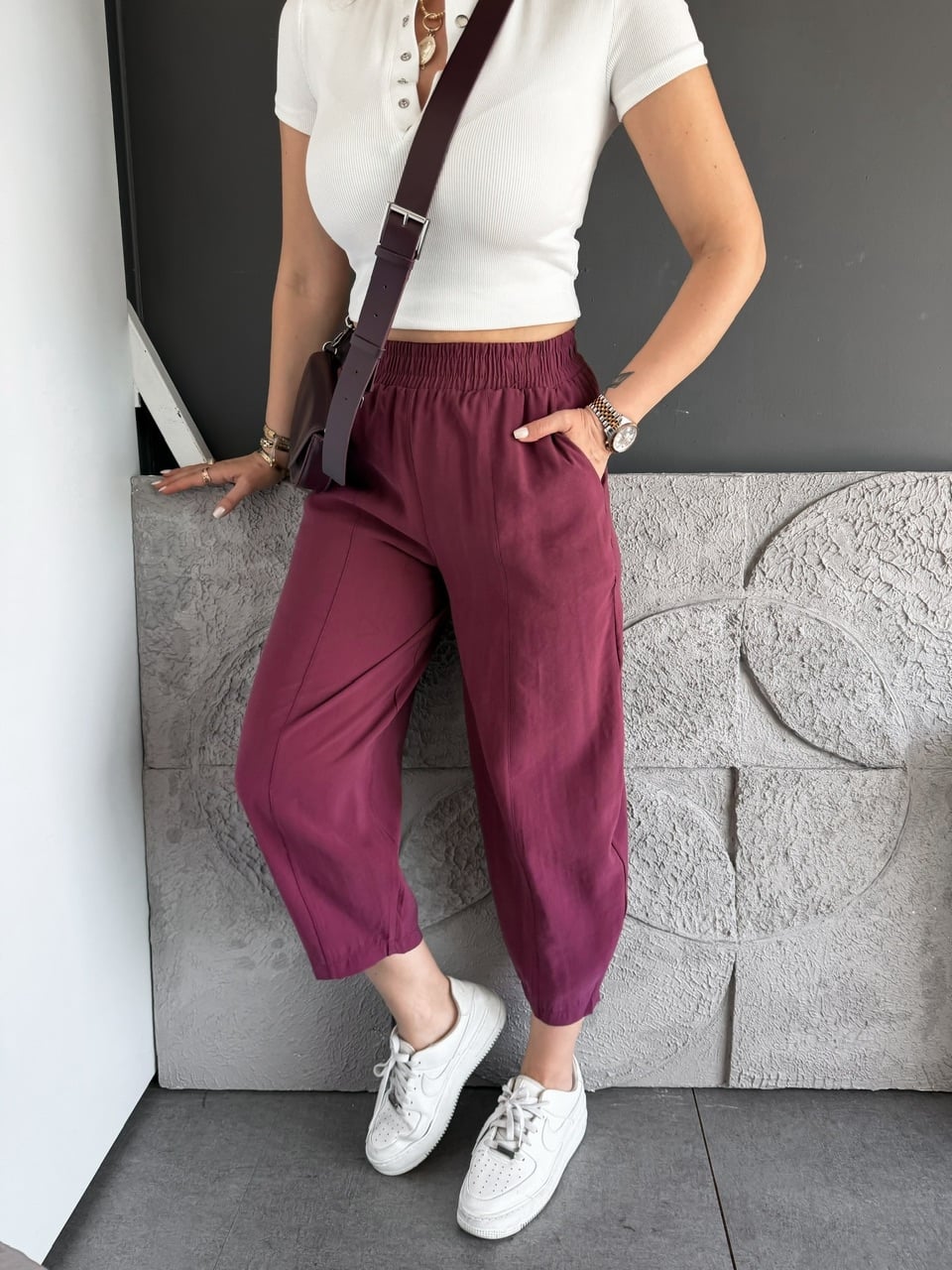 Bordo Ön Dikişli Lastikli Bol Pantolon