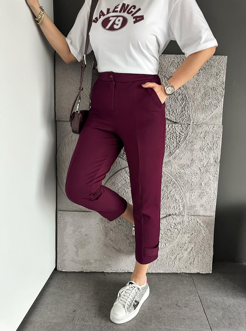 Bordo Paçası Çıtçıtlı Ful Likralı Pantolon