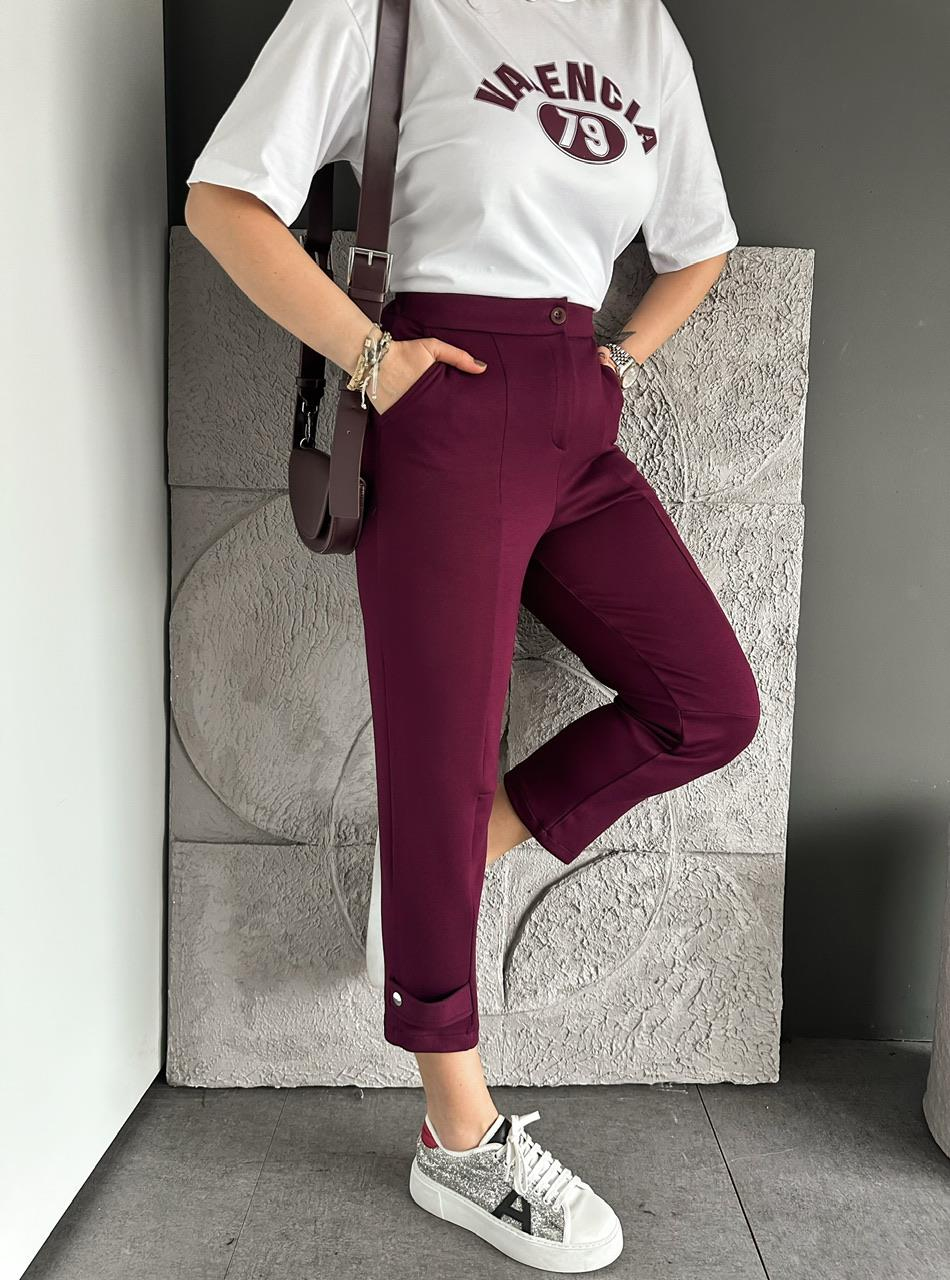 Bordo Paçası Çıtçıtlı Ful Likralı Pantolon
