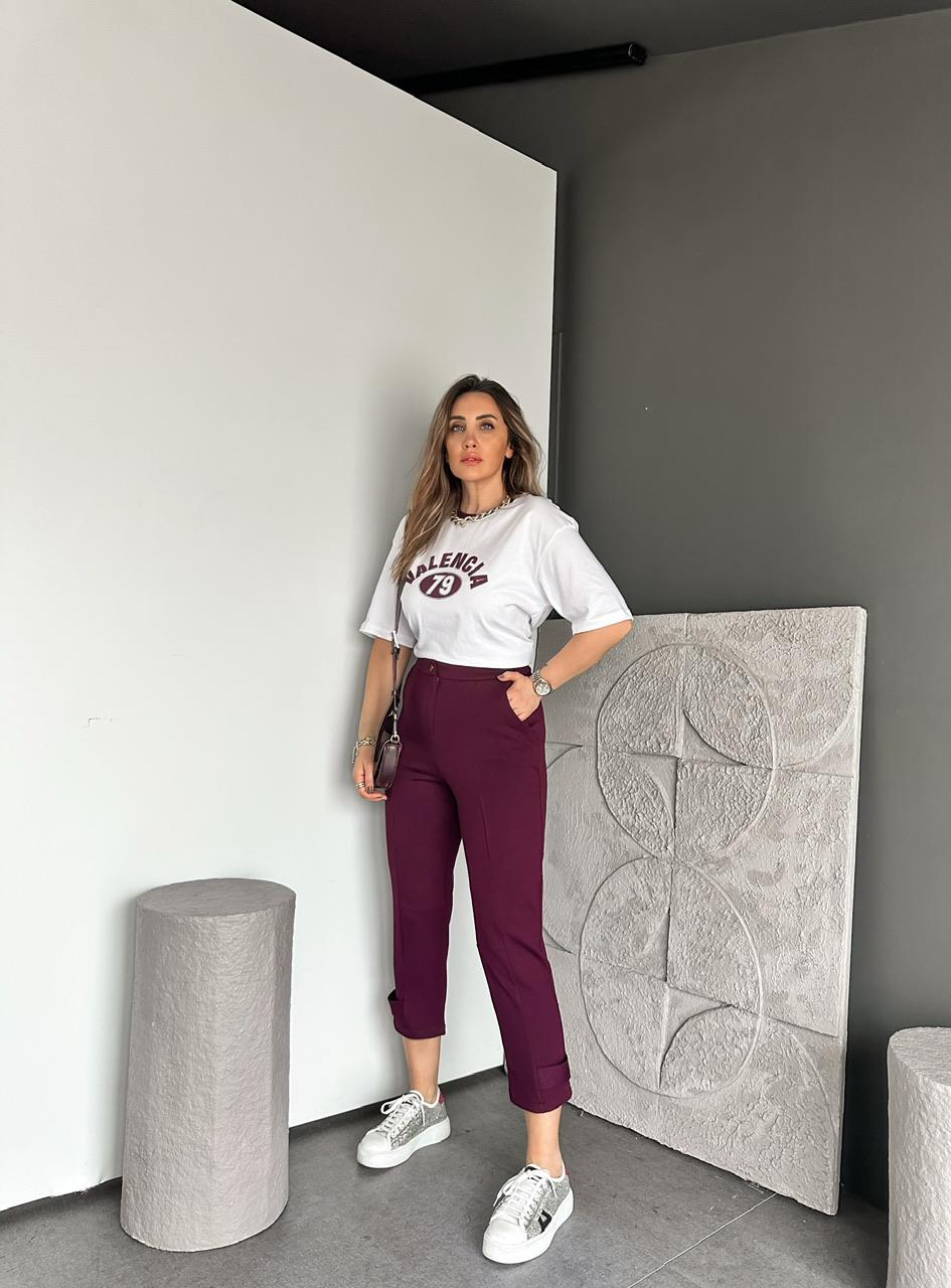 Bordo Paçası Çıtçıtlı Ful Likralı Pantolon