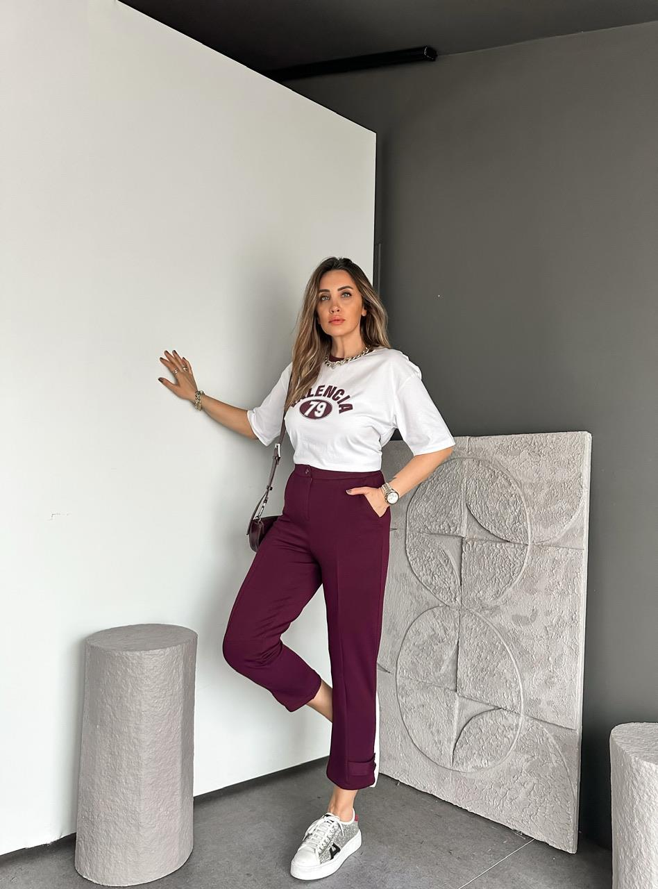 Bordo Paçası Çıtçıtlı Ful Likralı Pantolon