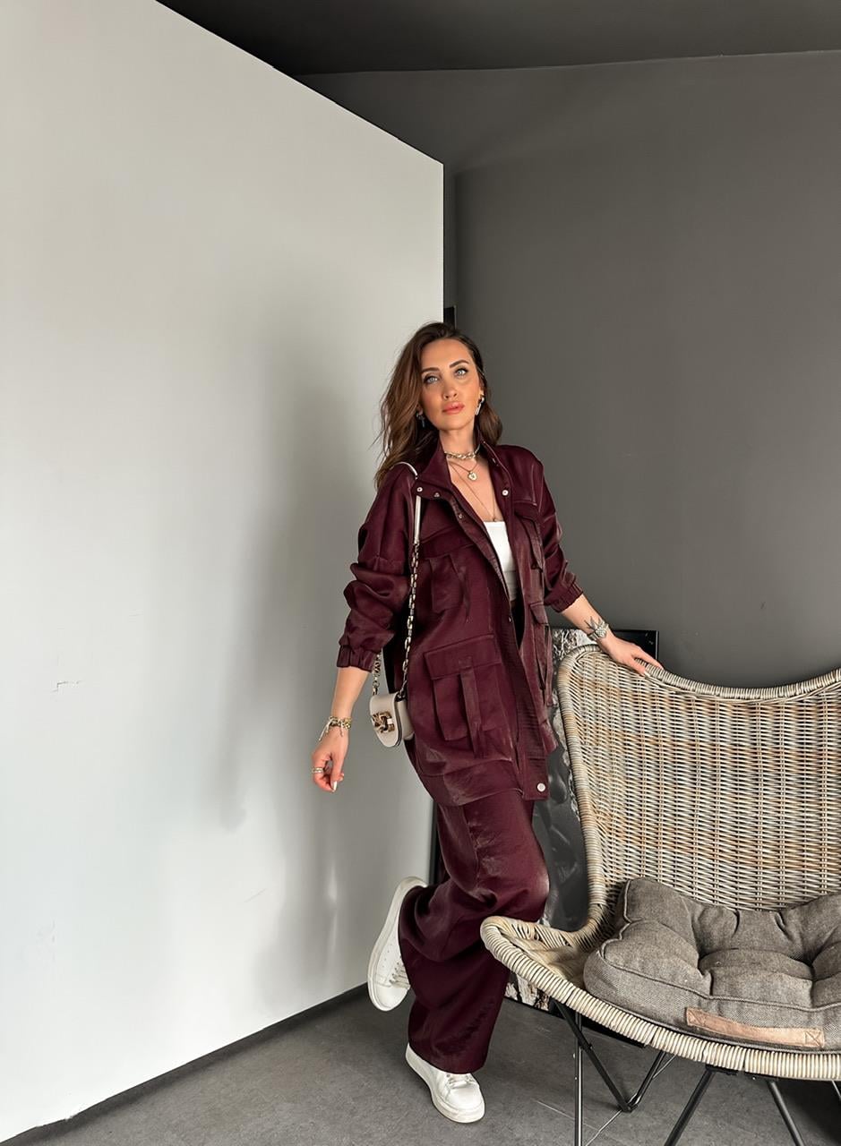 Bordo Parlak Dokulu Safari Takım