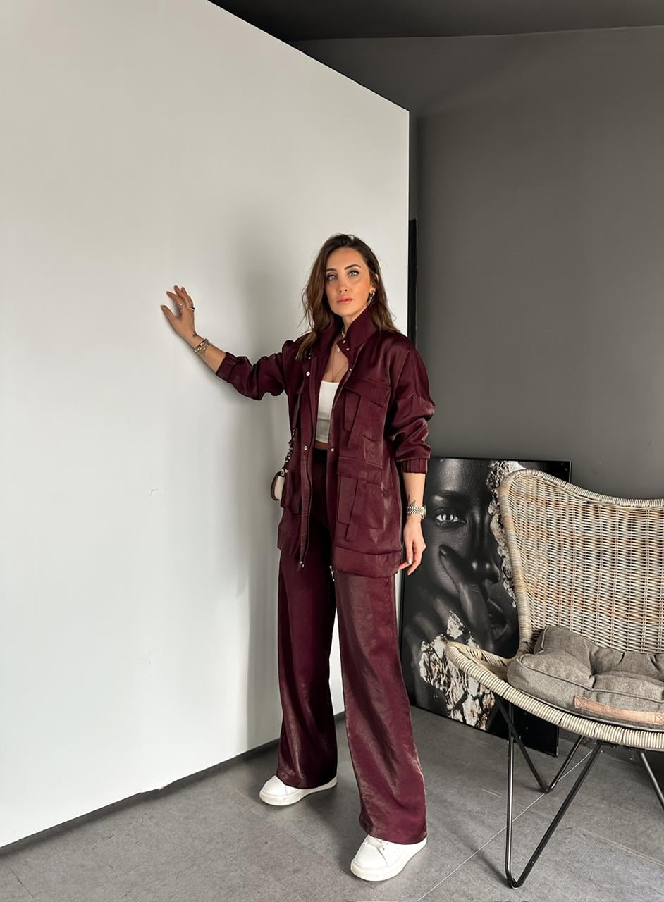 Bordo Parlak Dokulu Safari Takım