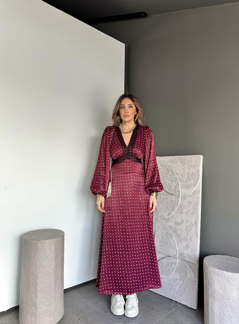 Bordo Puantiyeli Dantelli Saten Elbise