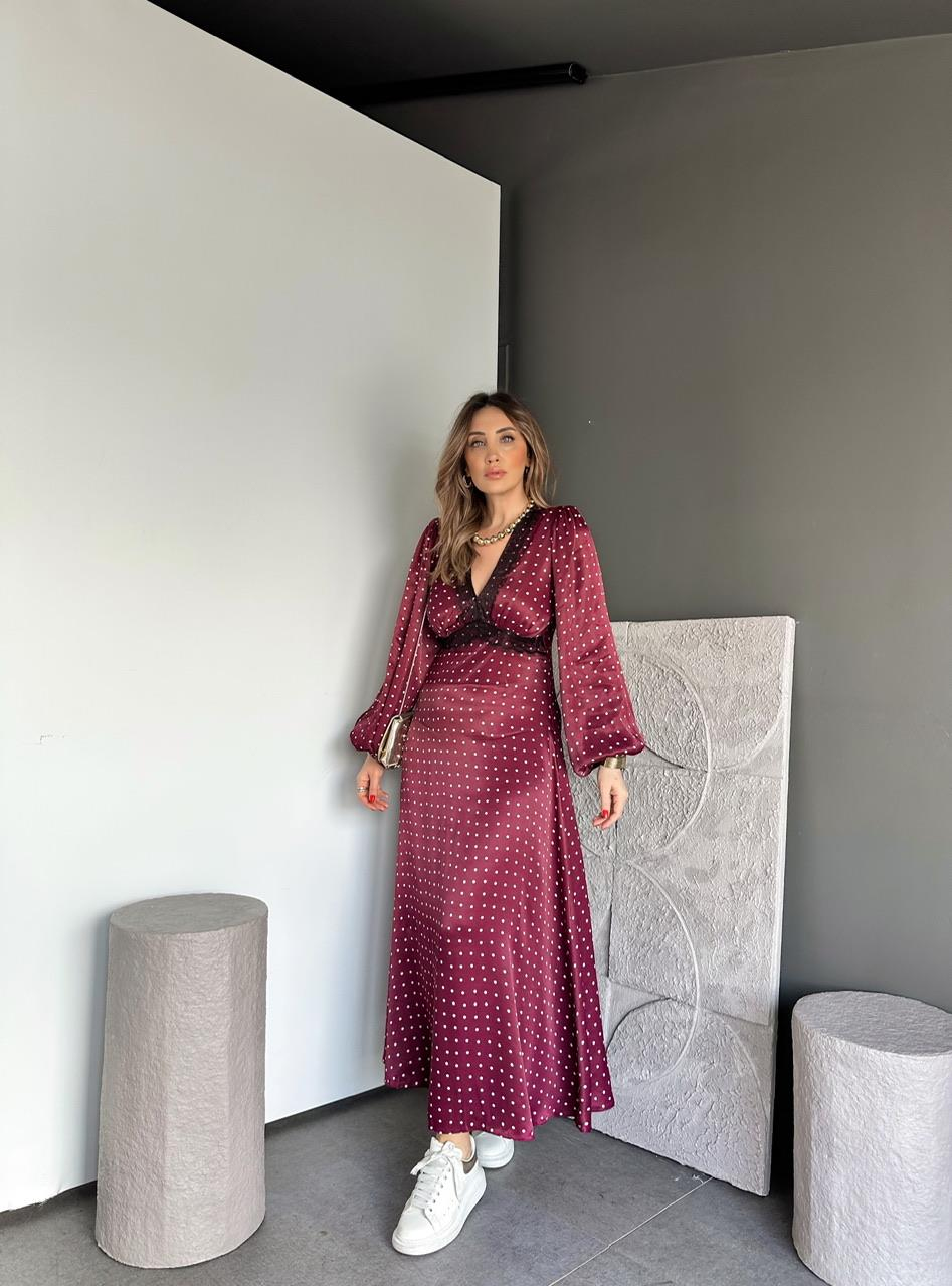 Bordo Puantiyeli Dantelli Saten Elbise