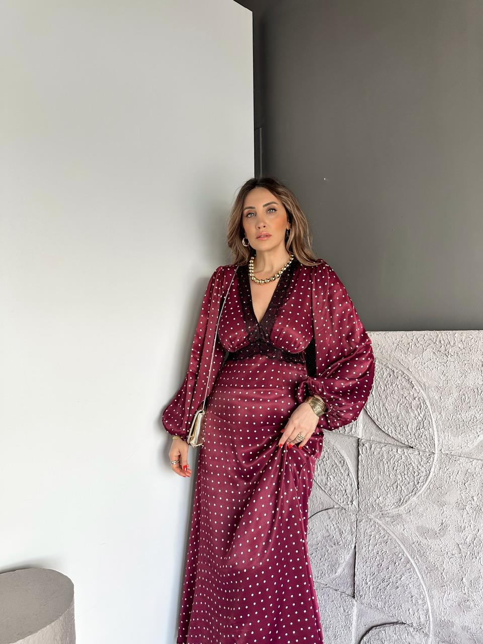 Bordo Puantiyeli Dantelli Saten Elbise
