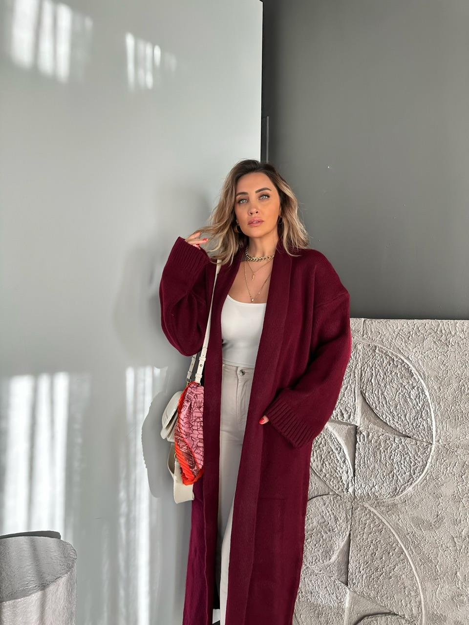 Bordo Şal Yaka Cepli Uzun Hırka