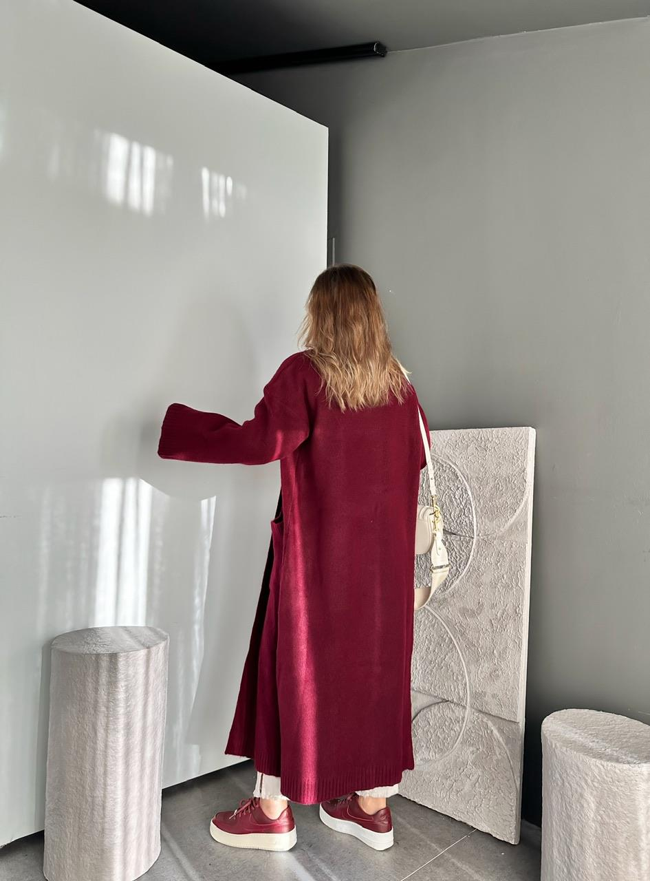 Bordo Şal Yaka Cepli Uzun Hırka