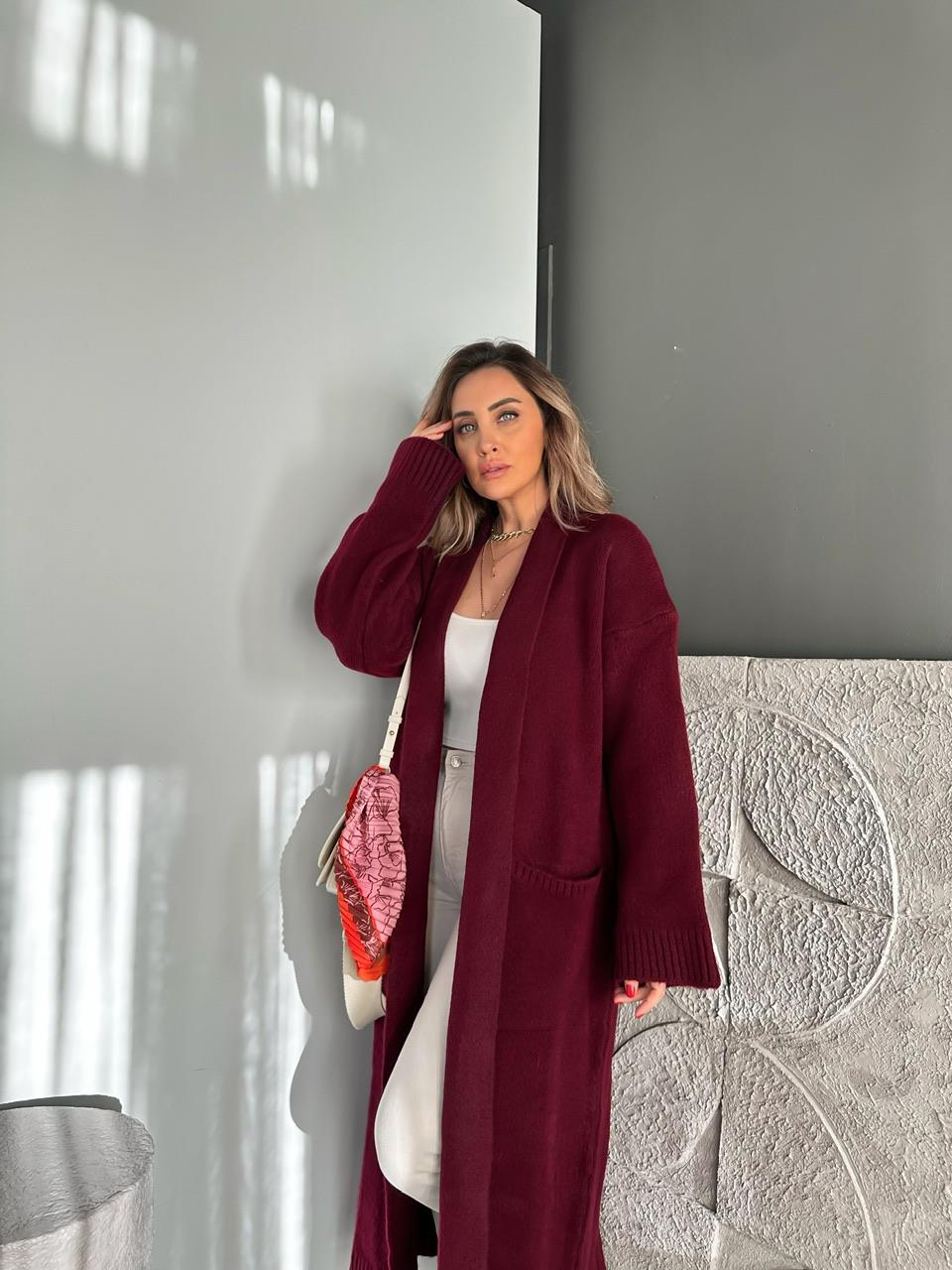 Bordo Şal Yaka Cepli Uzun Hırka