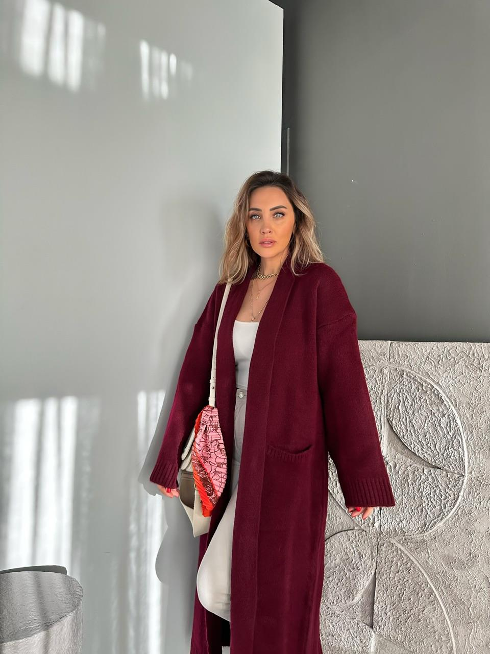 Bordo Şal Yaka Cepli Uzun Hırka