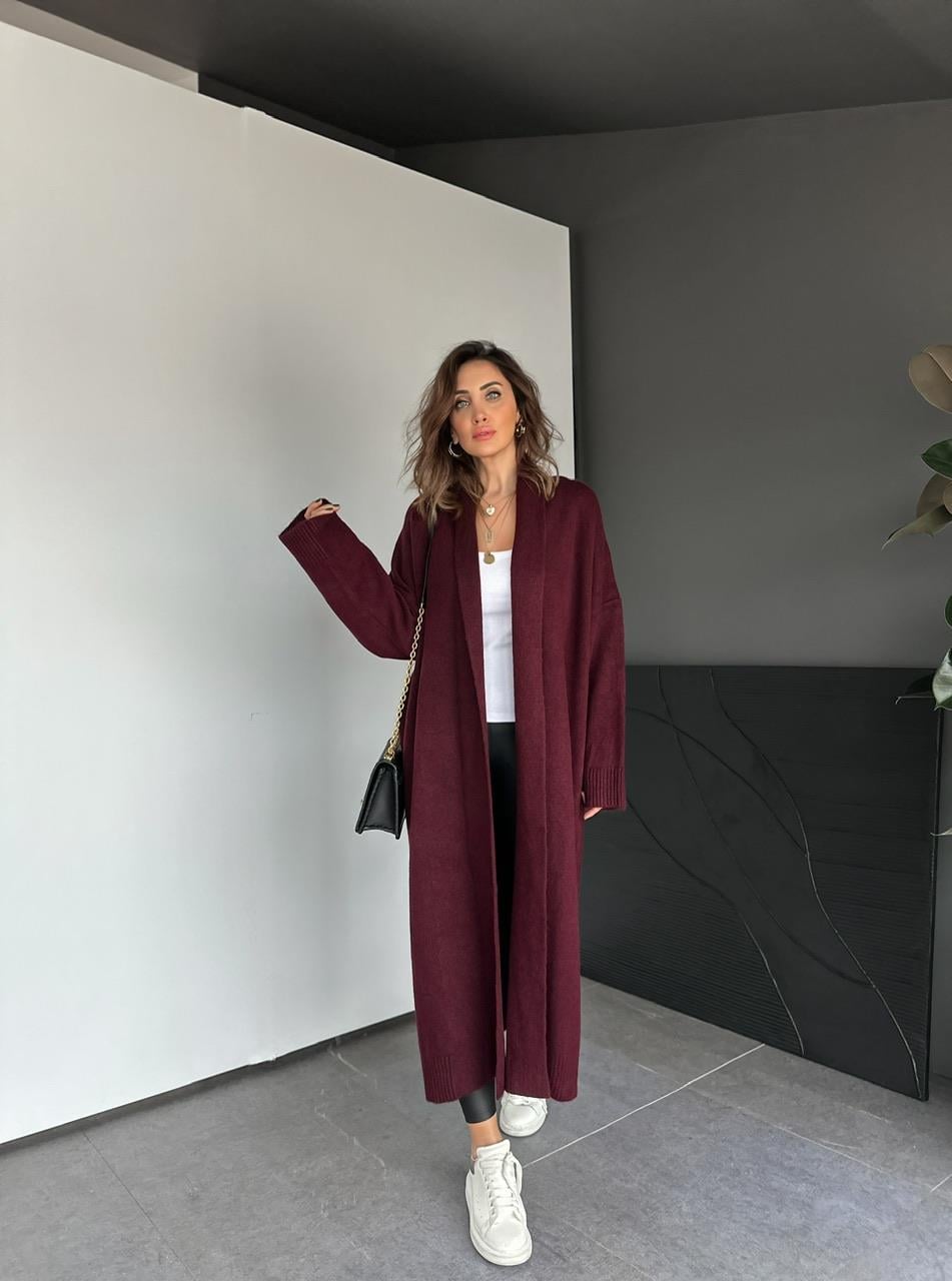 Bordo Şal Yaka Uzun Hırka