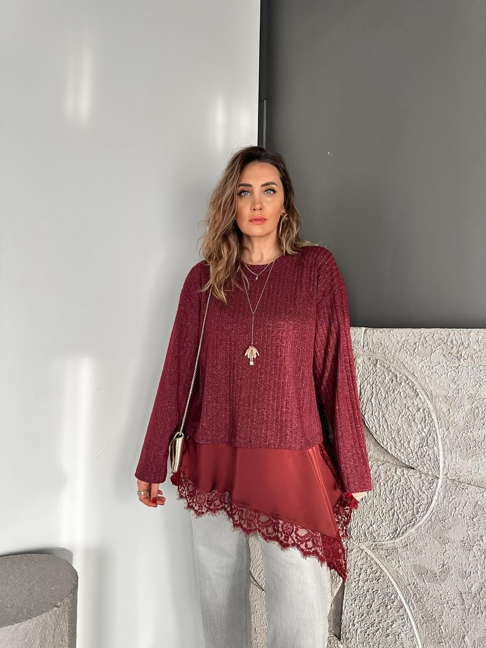 Bordo Saten Parçalı Kaşkorse Bluz