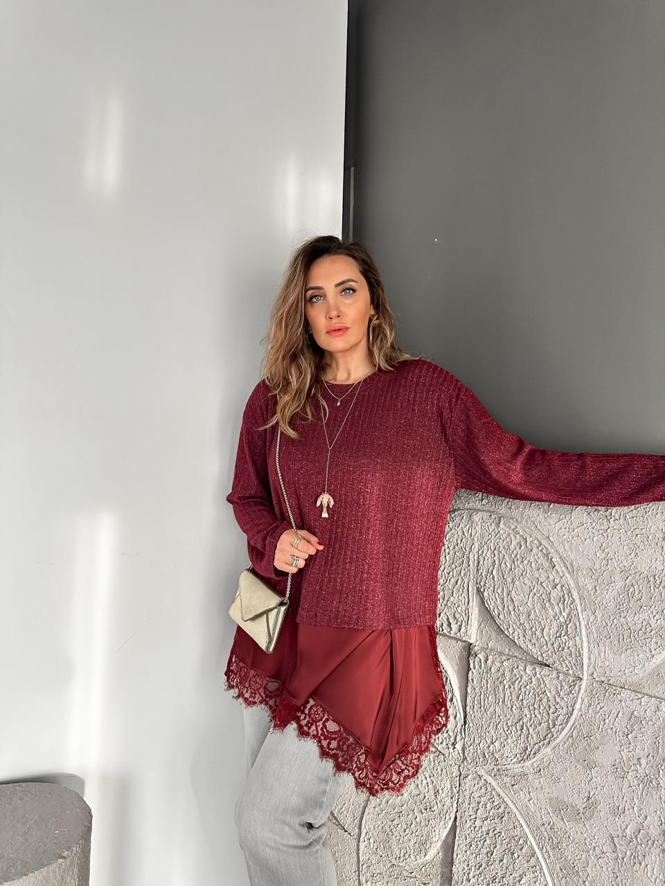 Bordo Saten Parçalı Kaşkorse Bluz