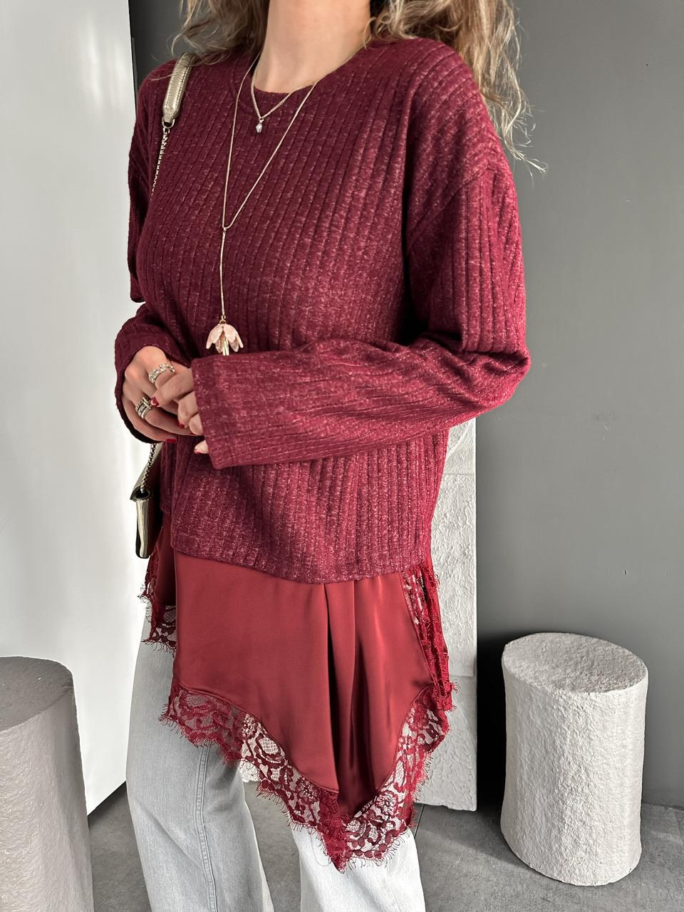 Bordo Saten Parçalı Kaşkorse Bluz
