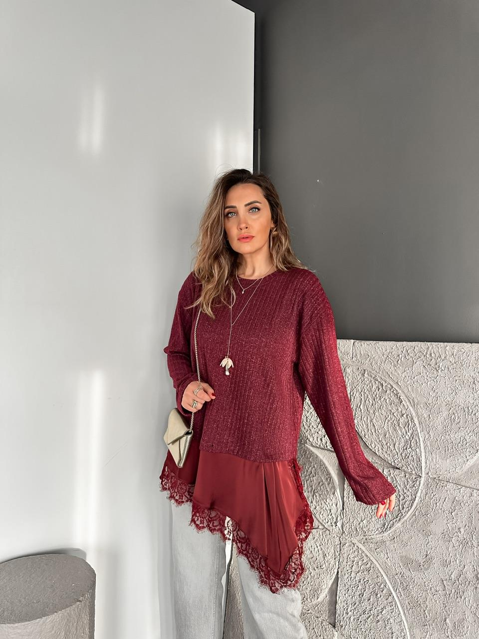 Bordo Saten Parçalı Kaşkorse Bluz