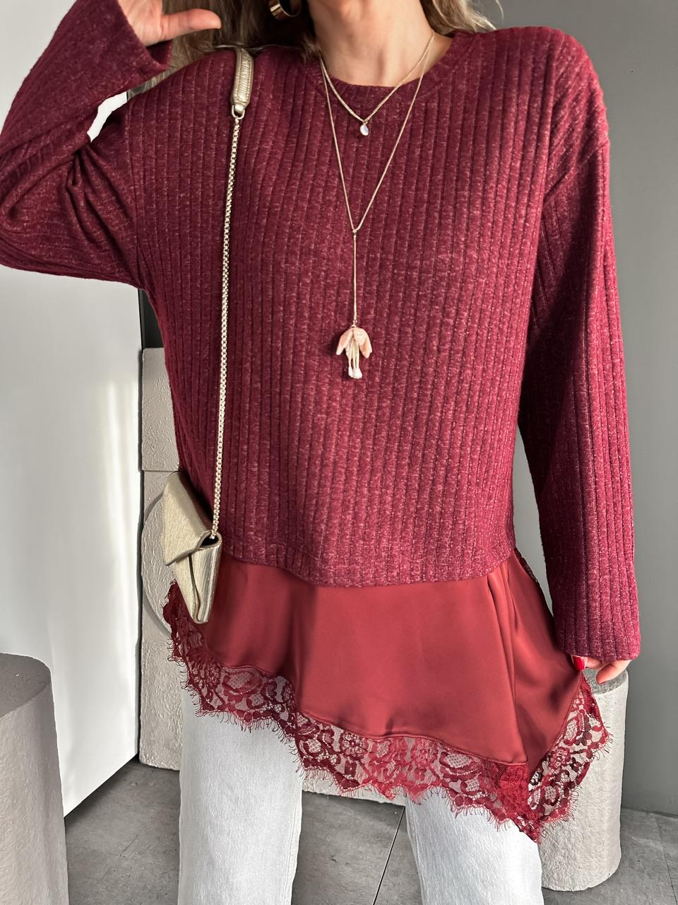 Bordo Saten Parçalı Kaşkorse Bluz