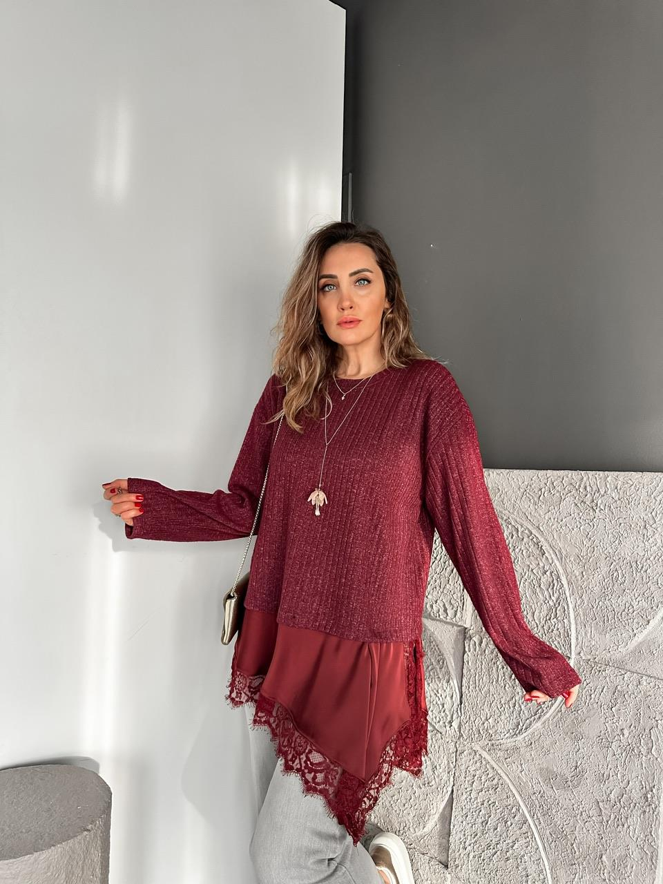 Bordo Saten Parçalı Kaşkorse Bluz