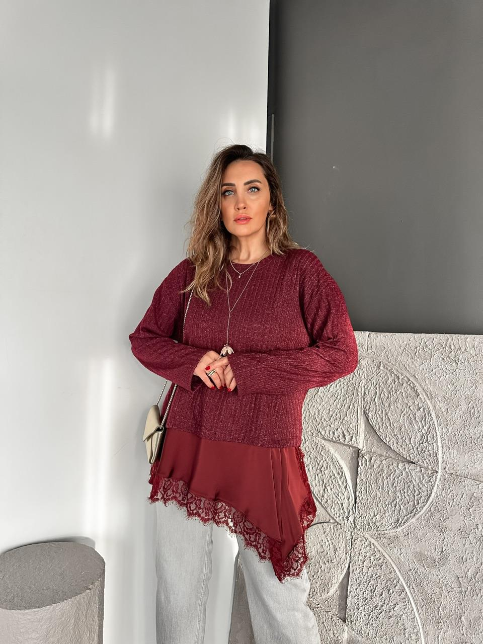 Bordo Saten Parçalı Kaşkorse Bluz