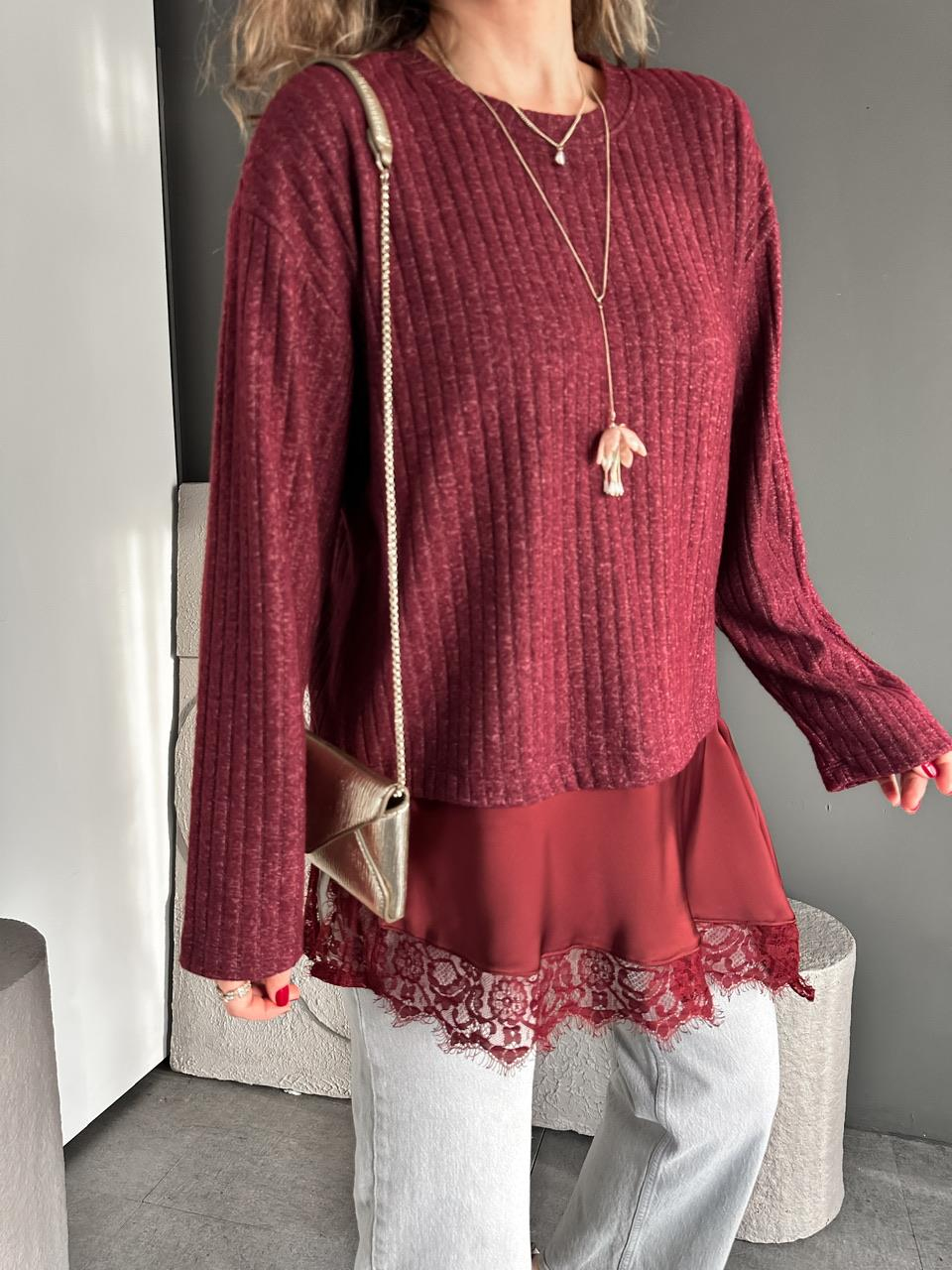 Bordo Saten Parçalı Kaşkorse Bluz
