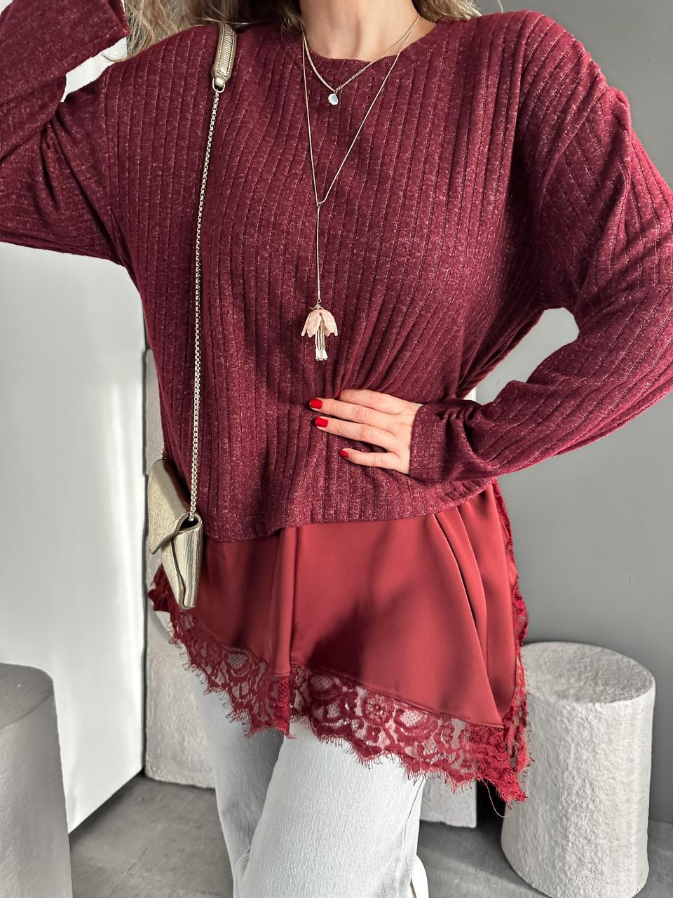 Bordo Saten Parçalı Kaşkorse Bluz