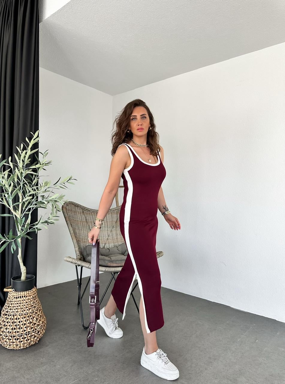 Bordo Şeritli Askılı Coton Elbise