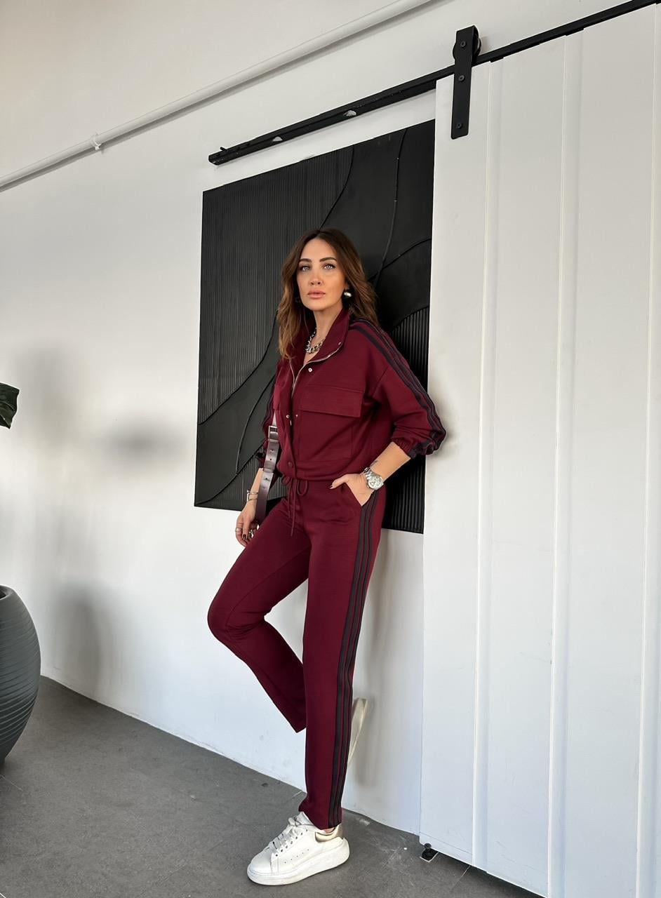 Bordo Şeritli Kapak Cepli Takım