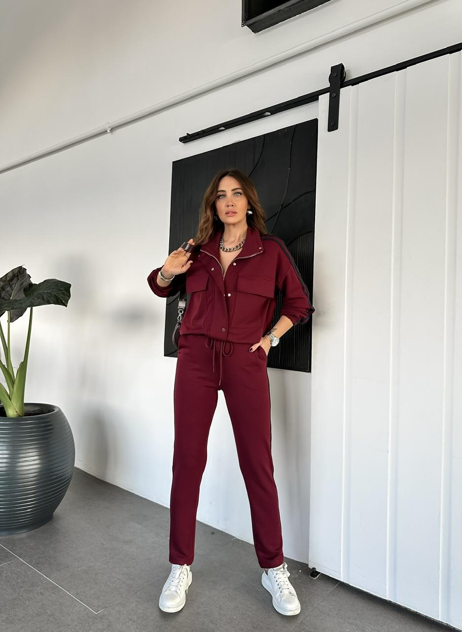 Bordo Şeritli Kapak Cepli Takım