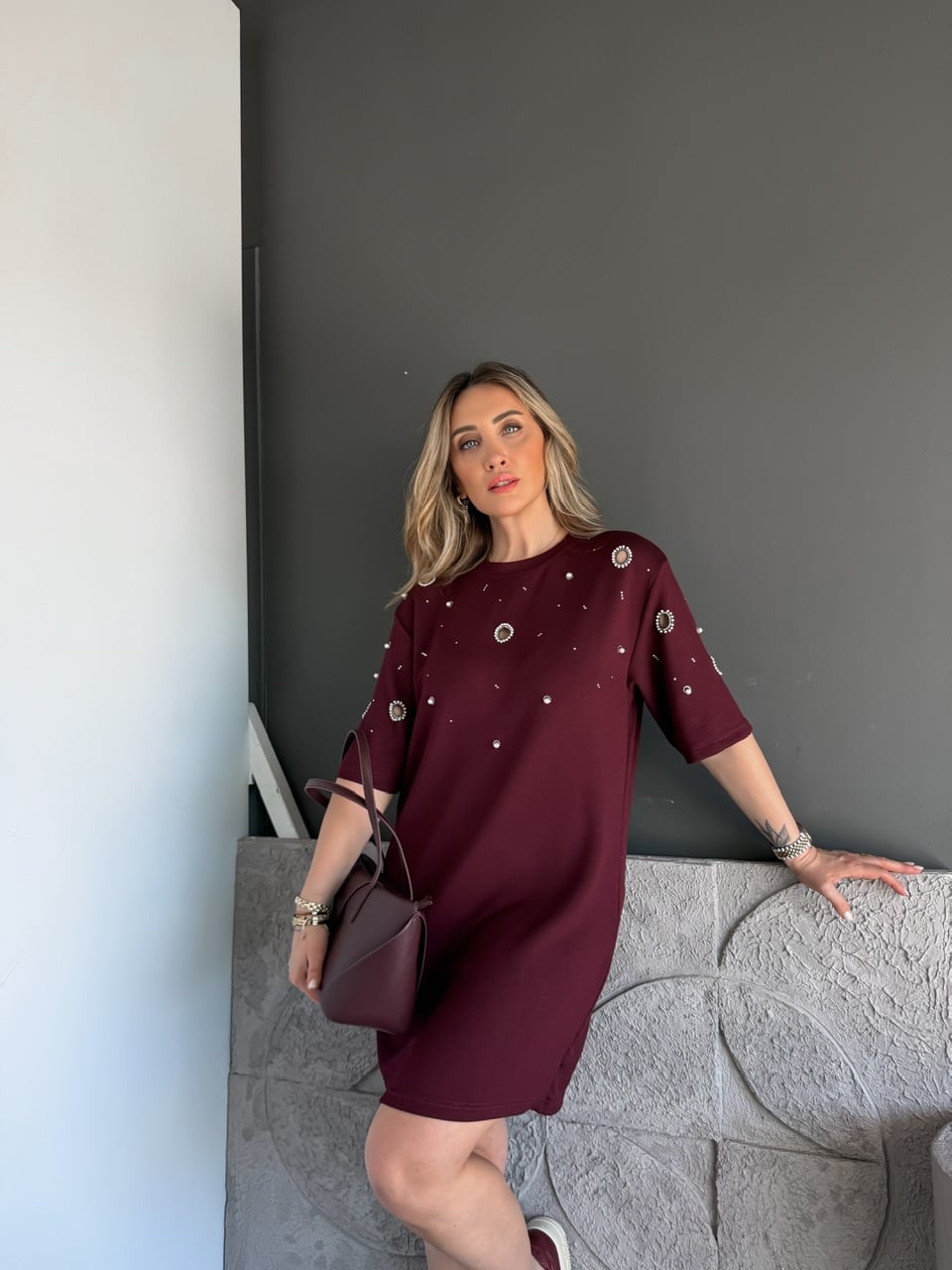 Bordo Serpme İncili Modal Elbise