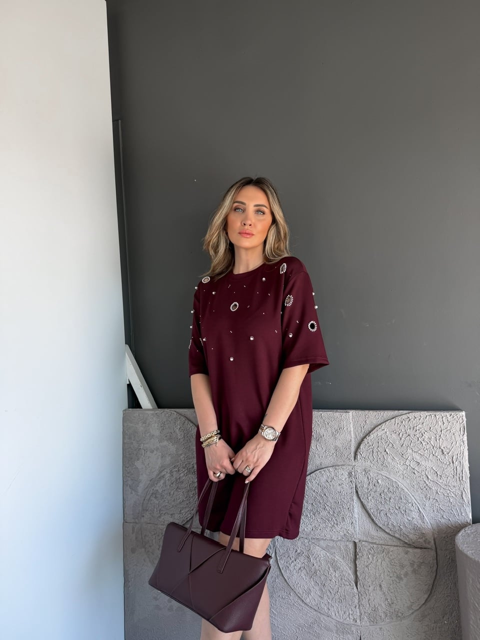 Bordo Serpme İncili Modal Elbise