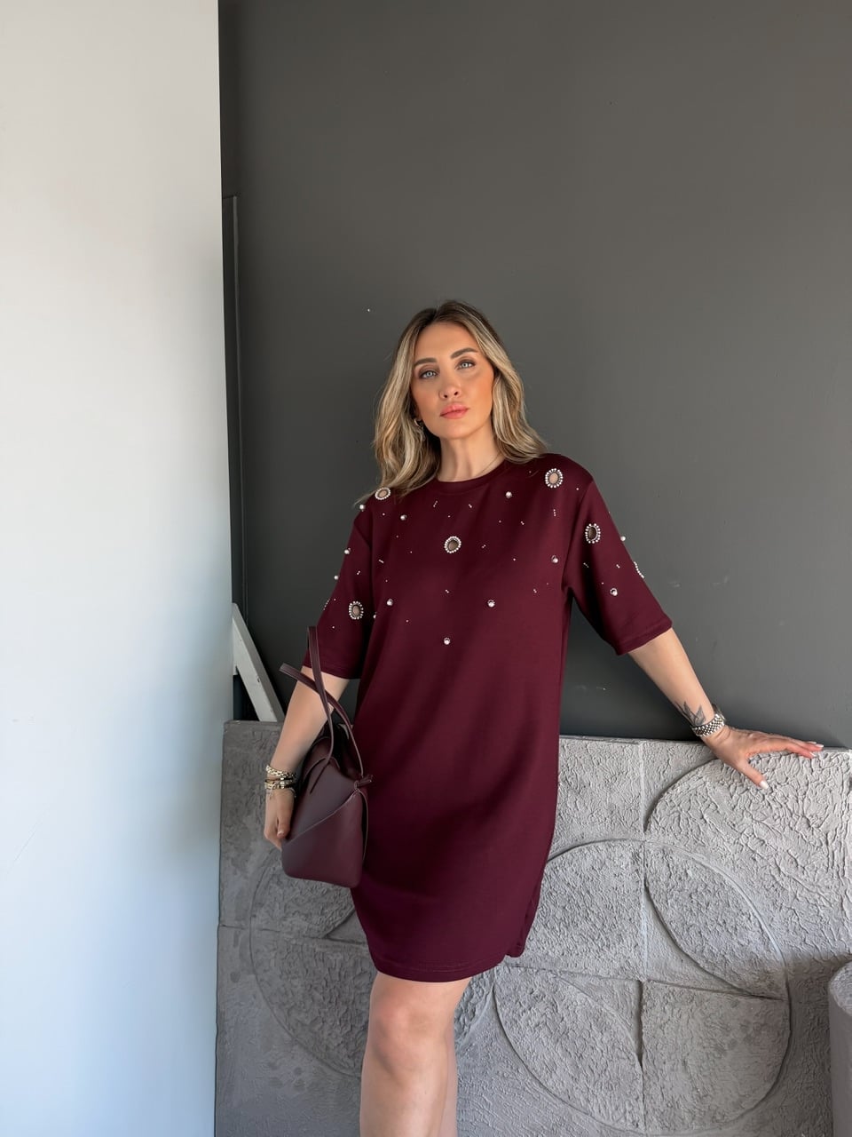 Bordo Serpme İncili Modal Elbise