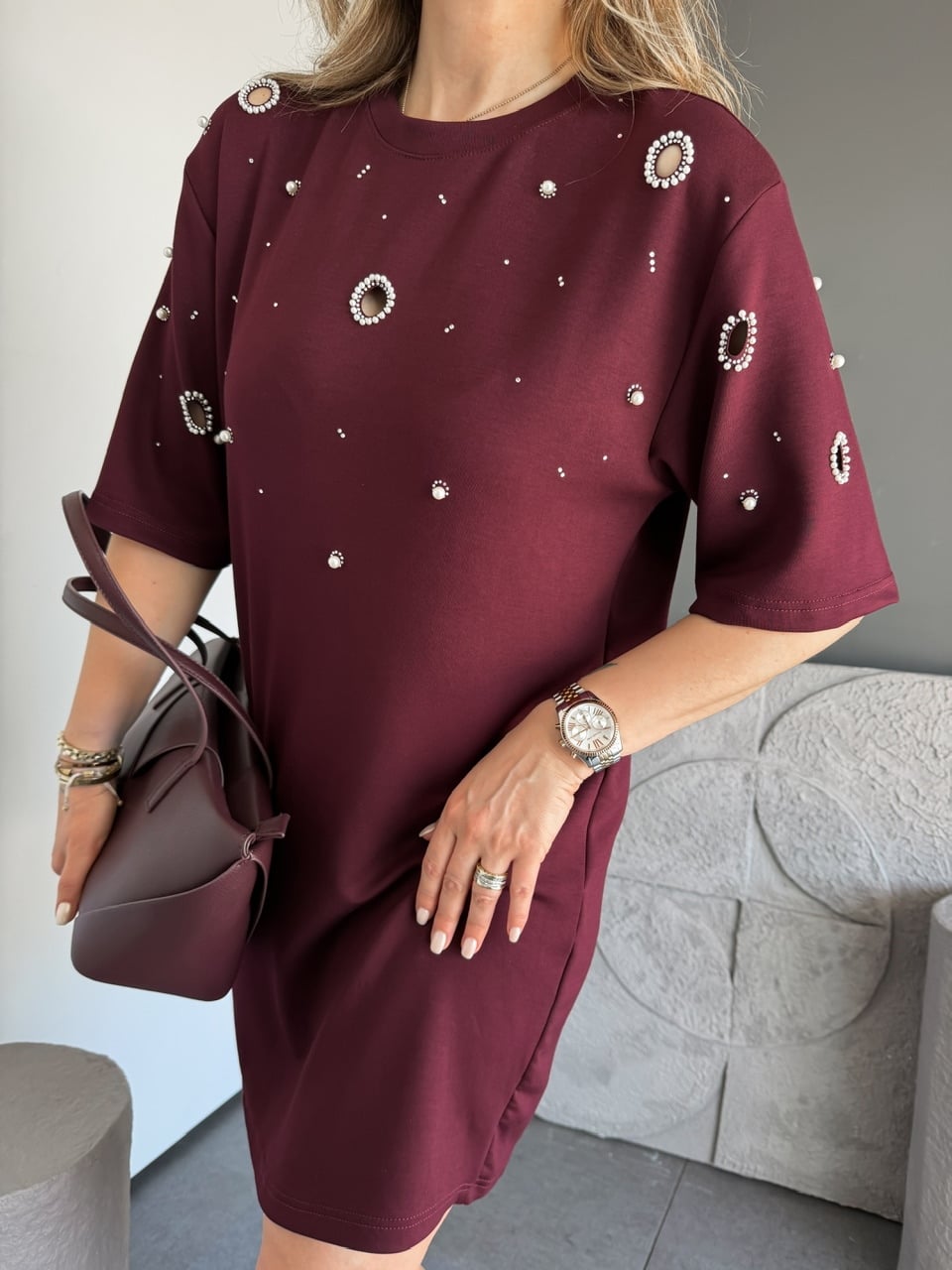 Bordo Serpme İncili Modal Elbise