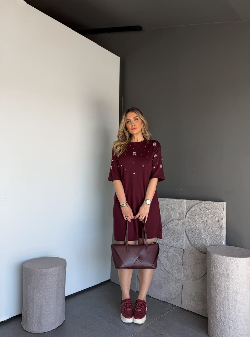 Bordo Serpme İncili Modal Elbise