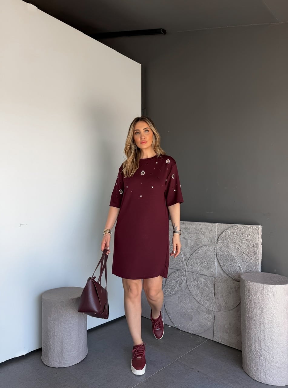 Bordo Serpme İncili Modal Elbise