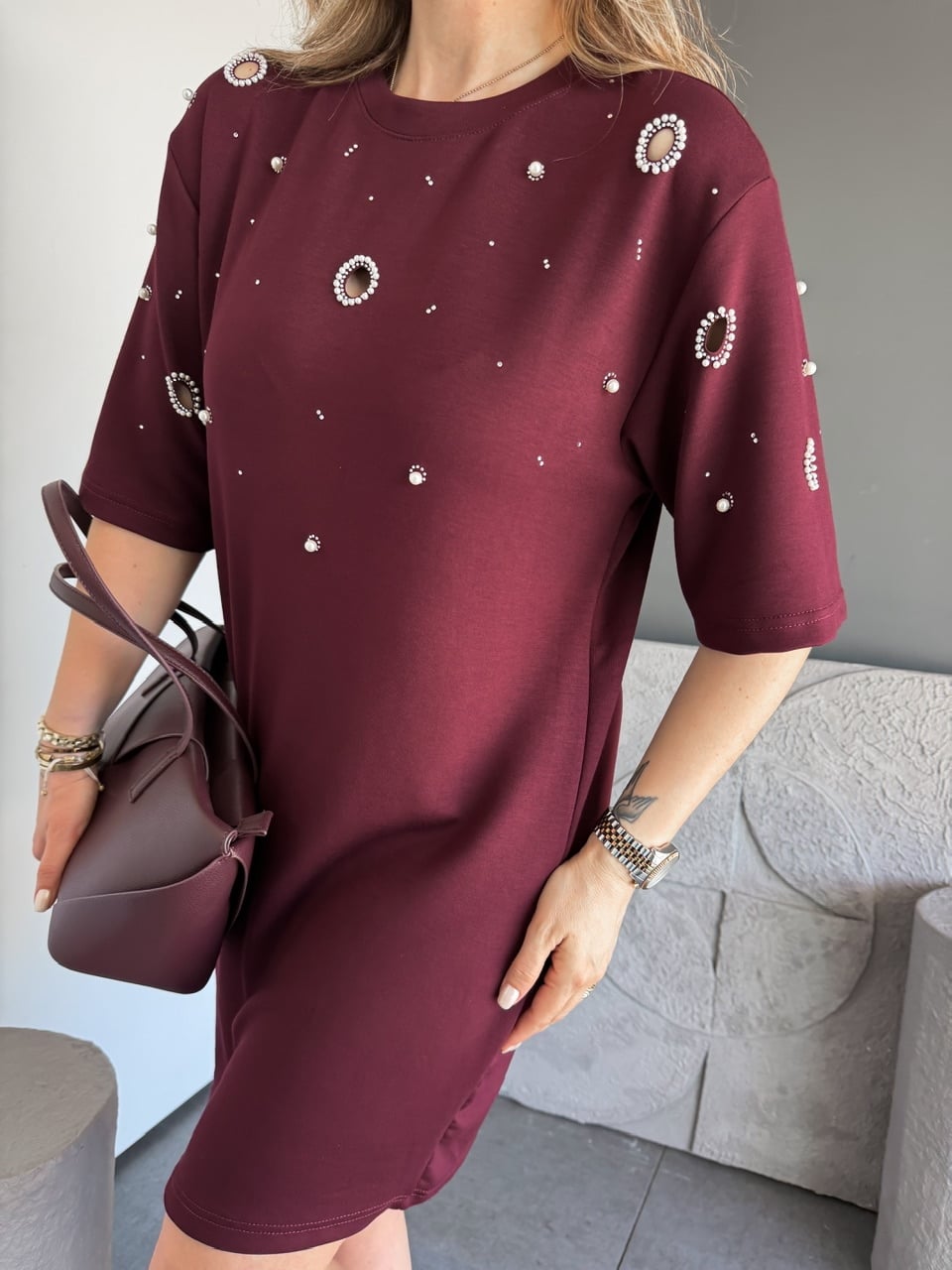Bordo Serpme İncili Modal Elbise